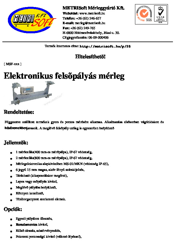 Felsőpályás mérleg adatlapja